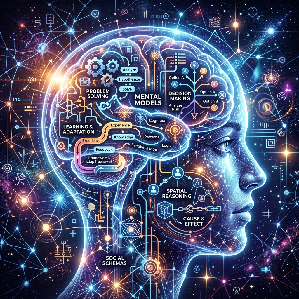 Digital illustration of a human brain showing labeled cognitive areas such as problem solving, decision making, learning, spatial reasoning, and social schemas